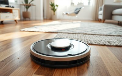 Robot vacuum cleaning hardwood floor and rug beside an automated dock in a modern living room