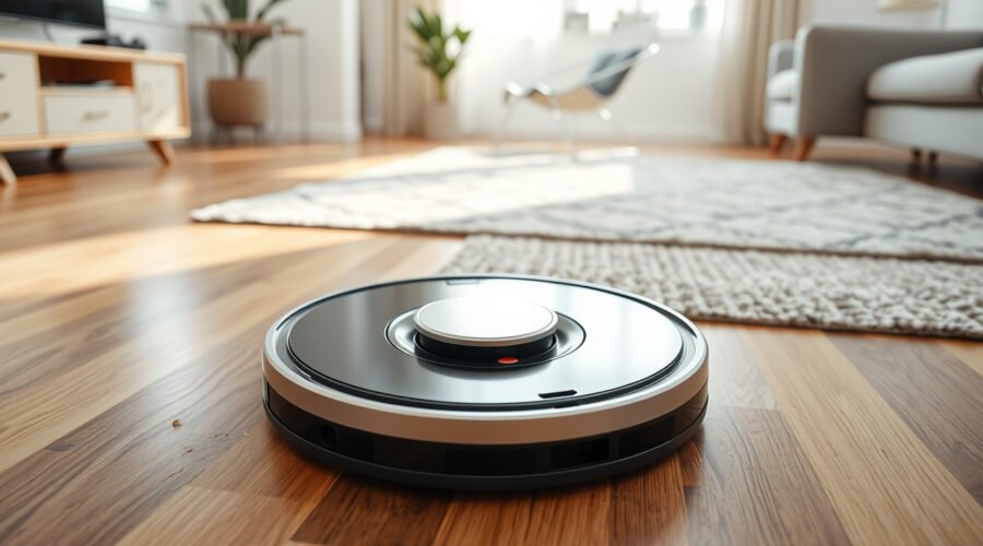 Robot vacuum cleaning hardwood floor and rug beside an automated dock in a modern living room