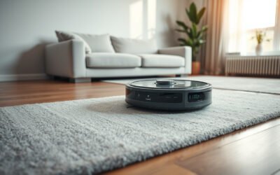 Robot vacuum and mop cleaning a modern living room beside a self-emptying base