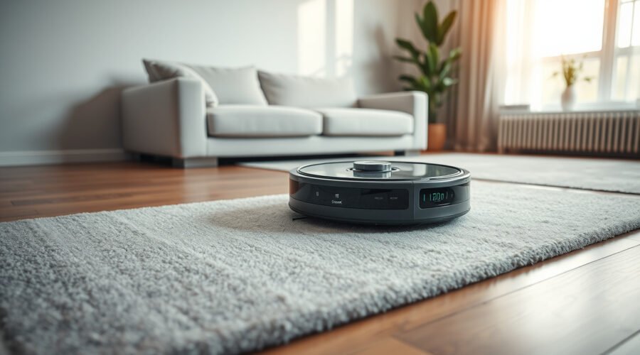 Robot vacuum and mop cleaning a modern living room beside a self-emptying base
