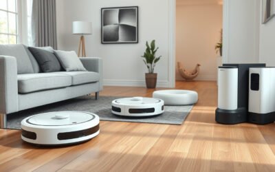 Three robot vacuums cleaning a modern living room with self-emptying dock and pet hair pickup