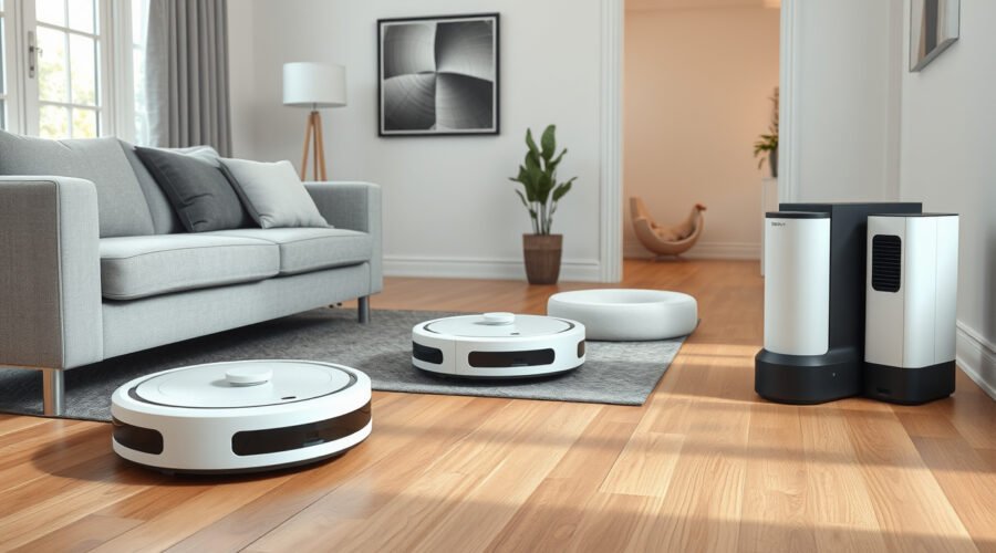 Three robot vacuums cleaning a modern living room with self-emptying dock and pet hair pickup
