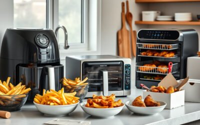 Several air fryers on a kitchen counter with crispy food and plain delivery boxes