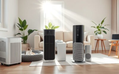 Modern HEPA air purifiers in a bright living room with a cat and clean sunlight airflow