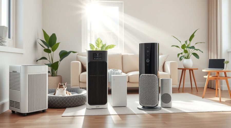 Modern HEPA air purifiers in a bright living room with a cat and clean sunlight airflow