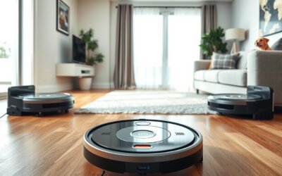 Robot vacuum cleaning a modern living room with charging docks in the background