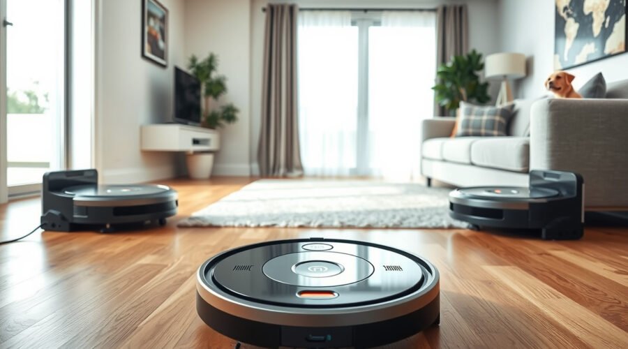 Robot vacuum cleaning a modern living room with charging docks in the background