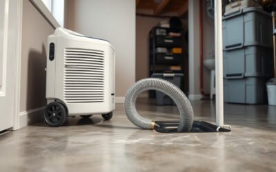 Basement dehumidifier draining through a hose into a floor drain