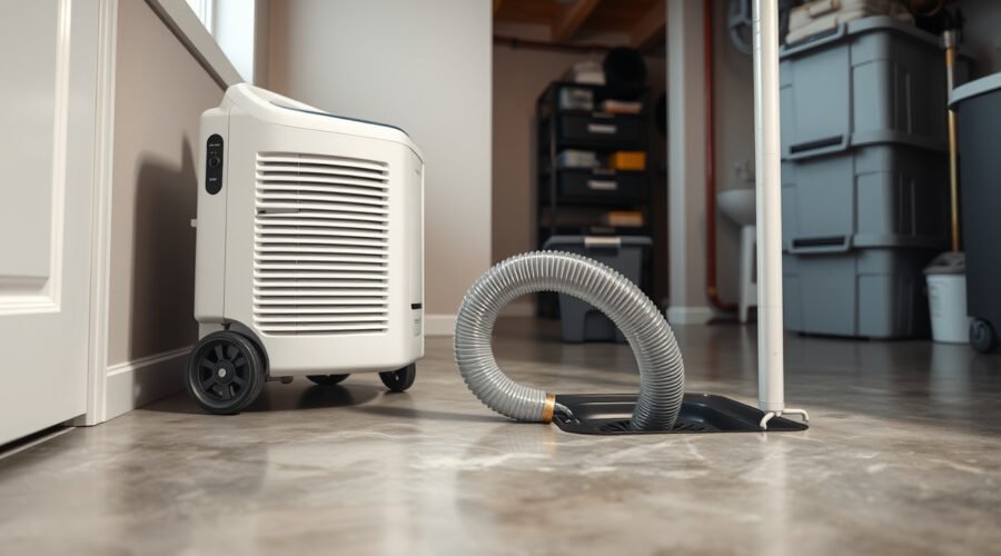 Basement dehumidifier draining through a hose into a floor drain