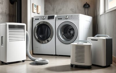 Dehumidifiers in a bright basement laundry room controlling moisture