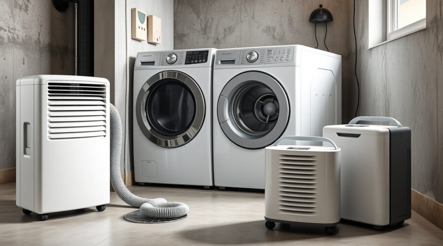 Dehumidifiers in a bright basement laundry room controlling moisture