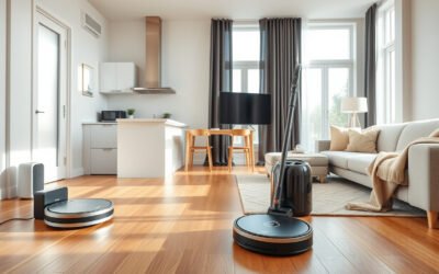 Modern home with robot vacuum, air purifier, kitchen appliances, curtains, and cozy throw