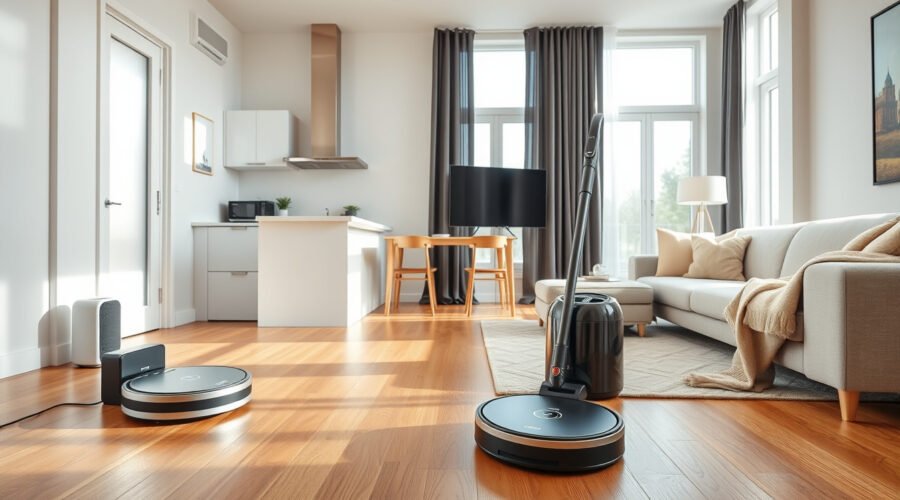Modern home with robot vacuum, air purifier, kitchen appliances, curtains, and cozy throw