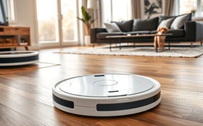 Robot vacuum and mop cleaning hardwood floor beside its self-emptying dock