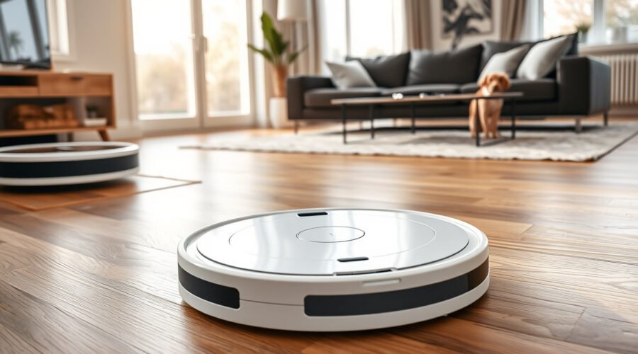 Robot vacuum and mop cleaning hardwood floor beside its self-emptying dock