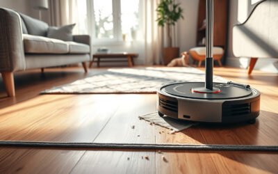 Robot vacuum cleaning a sunlit living room beside its self-emptying dock