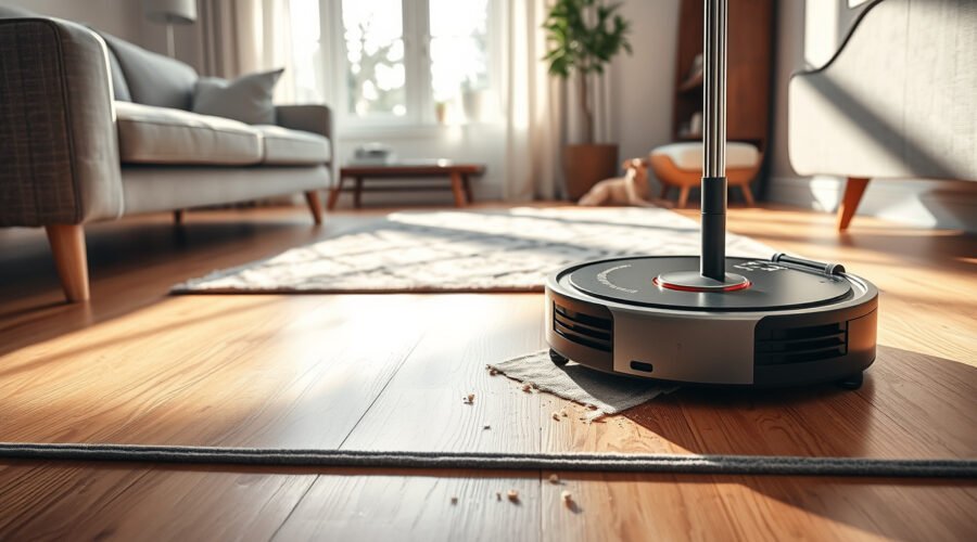 Robot vacuum cleaning a sunlit living room beside its self-emptying dock