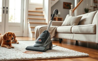 Portable spot cleaner removing a pet stain from a living room rug