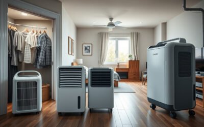 Different size dehumidifiers placed in a closet, bedroom, and basement to match room moisture needs.
