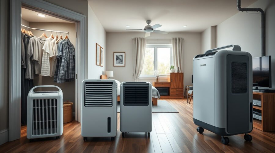 Different size dehumidifiers placed in a closet, bedroom, and basement to match room moisture needs.