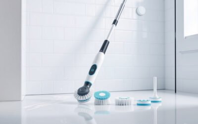 Cordless electric spin scrubber cleaning bathroom tile grout with brush heads nearby