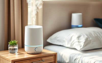 Cool-mist humidifier releasing mist on a bedside table in a calm bedroom
