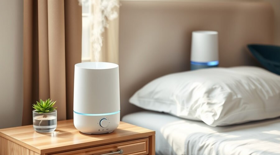 Cool-mist humidifier releasing mist on a bedside table in a calm bedroom