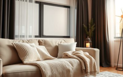 Cozy living room with throws, lamps, candle warmer and blackout curtains