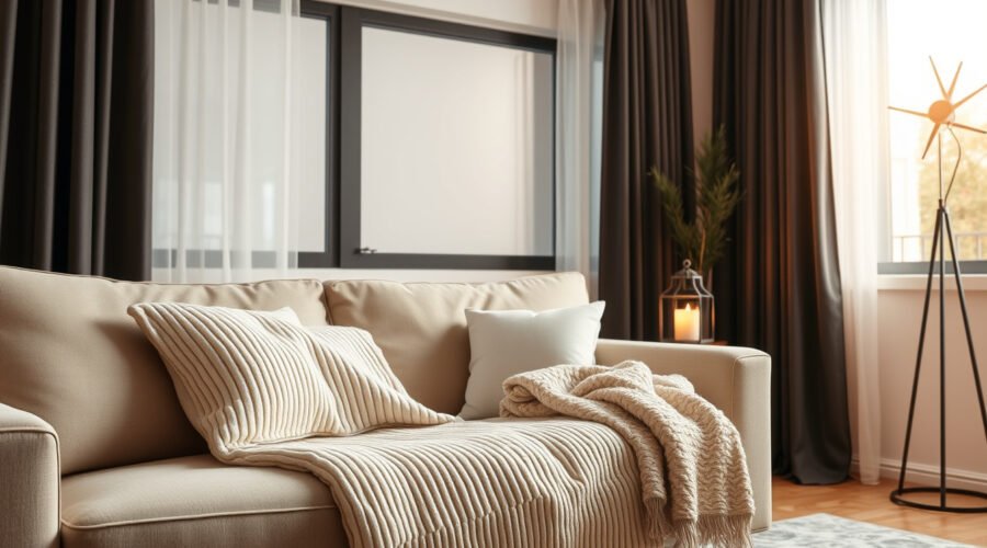 Cozy living room with throws, lamps, candle warmer and blackout curtains