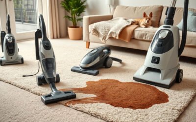 Portable carpet cleaners removing a stain from a living room rug