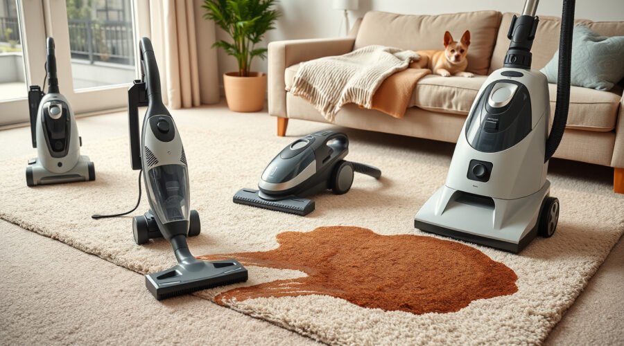 Portable carpet cleaners removing a stain from a living room rug
