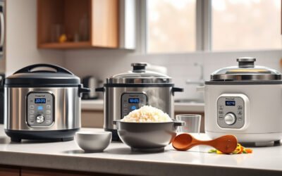 Tres arroceras compactas en una encimera con arroz blanco esponjoso y luz natural