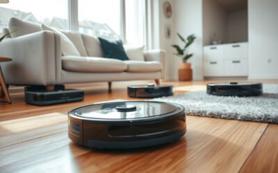 Robot vacuums cleaning a bright modern living room with pet hair, rugs, and docking stations