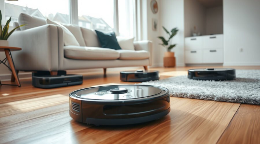 Robot vacuums cleaning a bright modern living room with pet hair, rugs, and docking stations