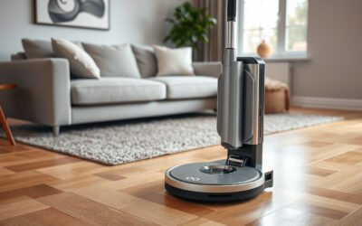 Self-emptying robot vacuum and dock cleaning a modern living room floor