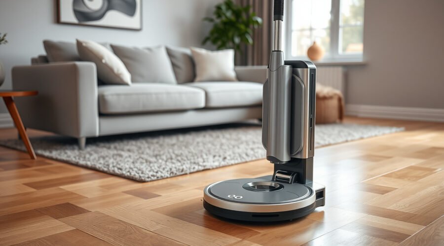 Self-emptying robot vacuum and dock cleaning a modern living room floor