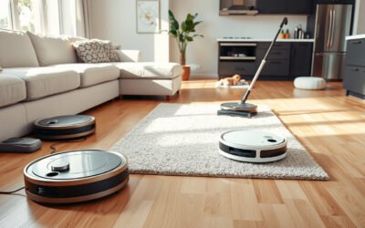 Unbranded robot vacuums cleaning hardwood, rug, and kitchen floors in a bright modern home