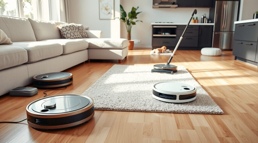 Unbranded robot vacuums cleaning hardwood, rug, and kitchen floors in a bright modern home