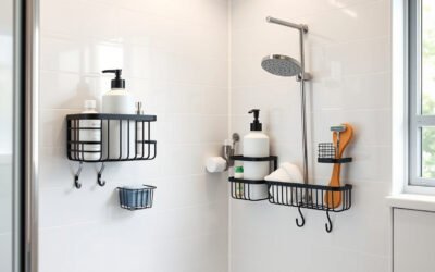 Matte black adhesive shower caddies neatly organizing bottles and soap on a clean tiled shower wall