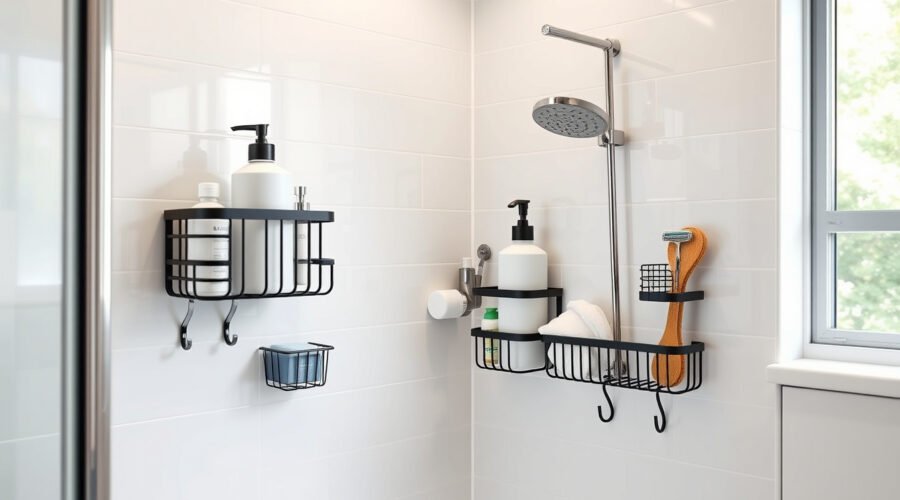 Matte black adhesive shower caddies neatly organizing bottles and soap on a clean tiled shower wall