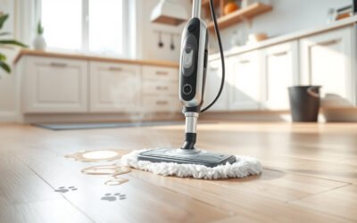 Steam mop cleaning a kitchen floor with steam and faded pet paw prints