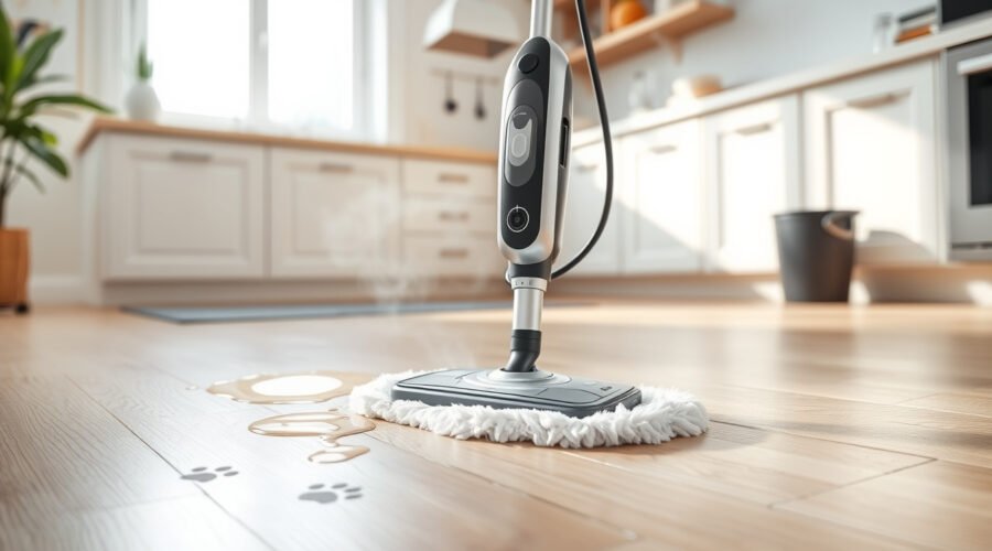 Steam mop cleaning a kitchen floor with steam and faded pet paw prints
