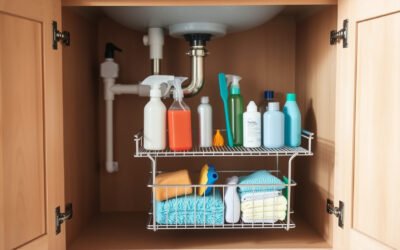 Organizador extraíble bajo fregadero con productos de limpieza ordenados