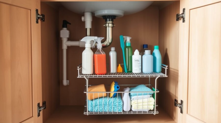 Organizador extraíble bajo fregadero con productos de limpieza ordenados