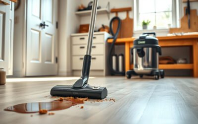 Wet dry vacuum cleaning a kitchen spill with a shop vac in the background
