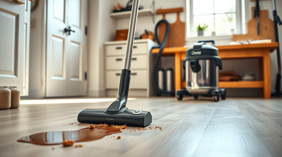 Wet dry vacuum cleaning a kitchen spill with a shop vac in the background